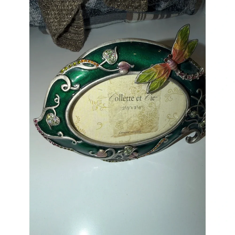 Collette et Cie Dragonfly Enamel Crystal Picture Frame Green Art Nouveau 2.5x3.5